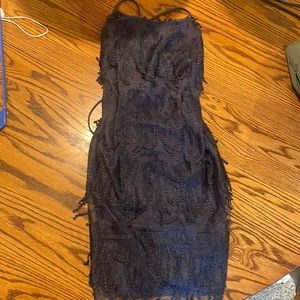 Lulus Making Magic navy fringe lace up mini dress